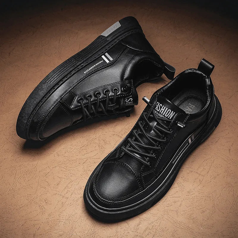 Men's black and white low-top skate shoes with elastic band and rubber sole