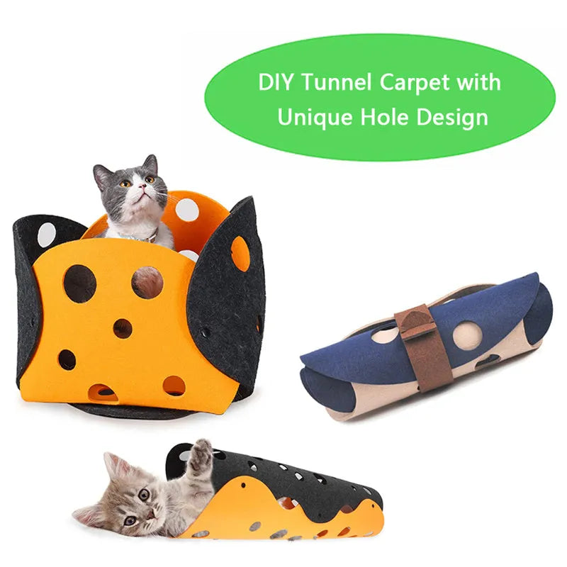 Collapsible felt cat tunnel 92 x 22 cm with peepholes, dual-colour felt surface, for kittens and small pets