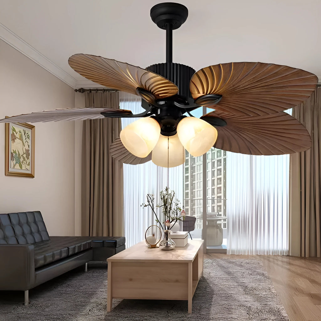 52-inch retro ceiling fan light with wooden blades and five-light copper lampshade