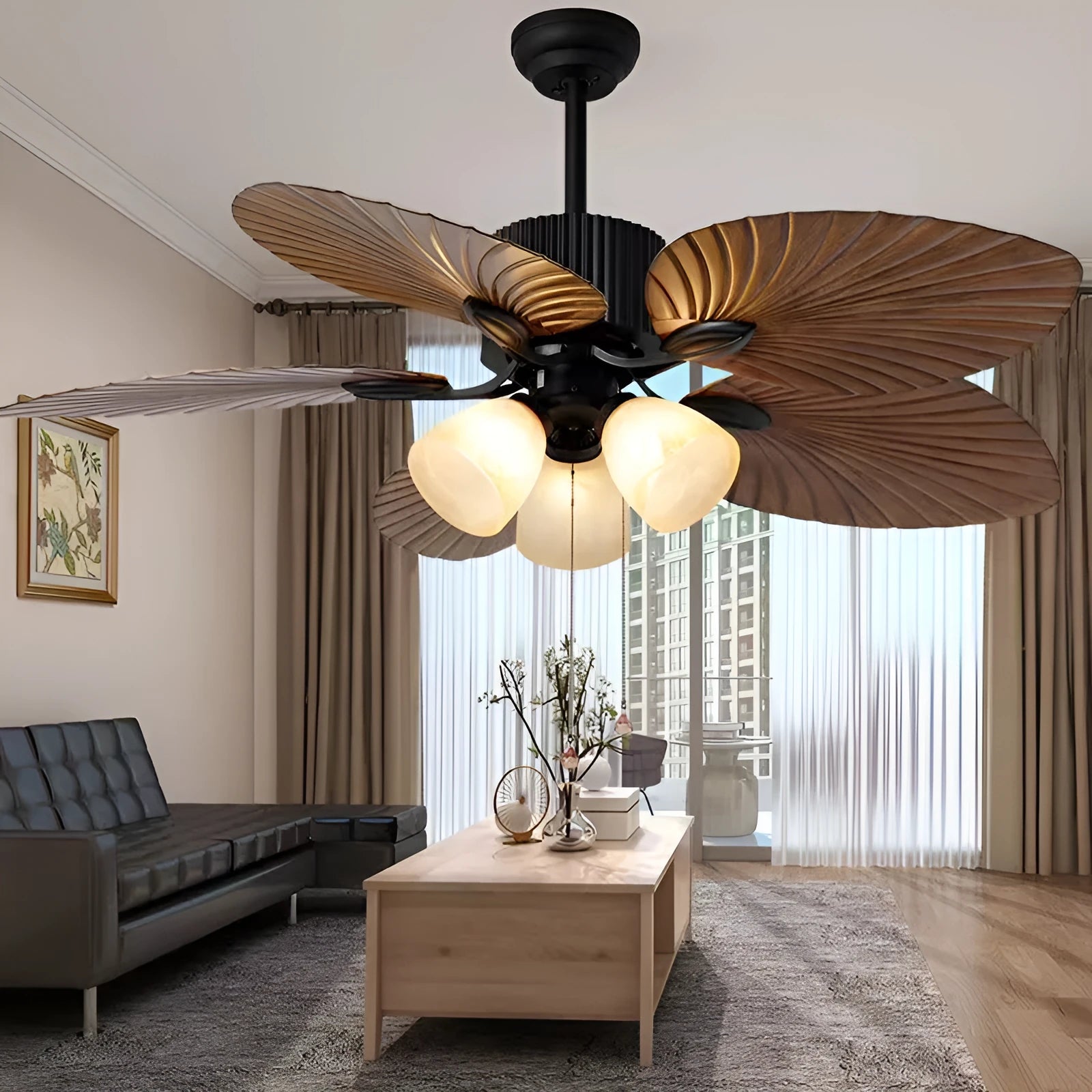 52-inch retro ceiling fan light with wooden blades and five-light copper lampshade
