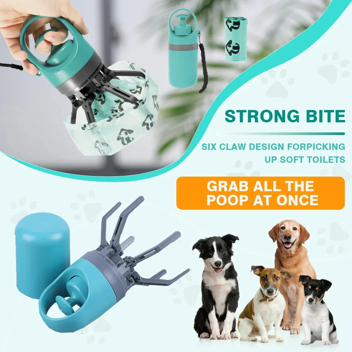 Blue outdoor claw pooper scooper for pet waste with integrated bag dispenser.