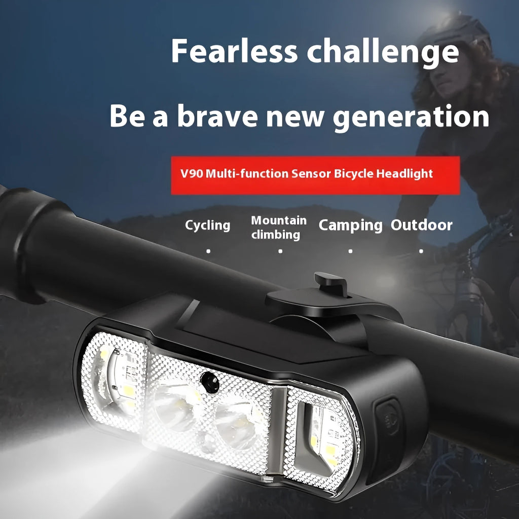 Black rechargeable bicycle headlight with LED illumination and wave induction function