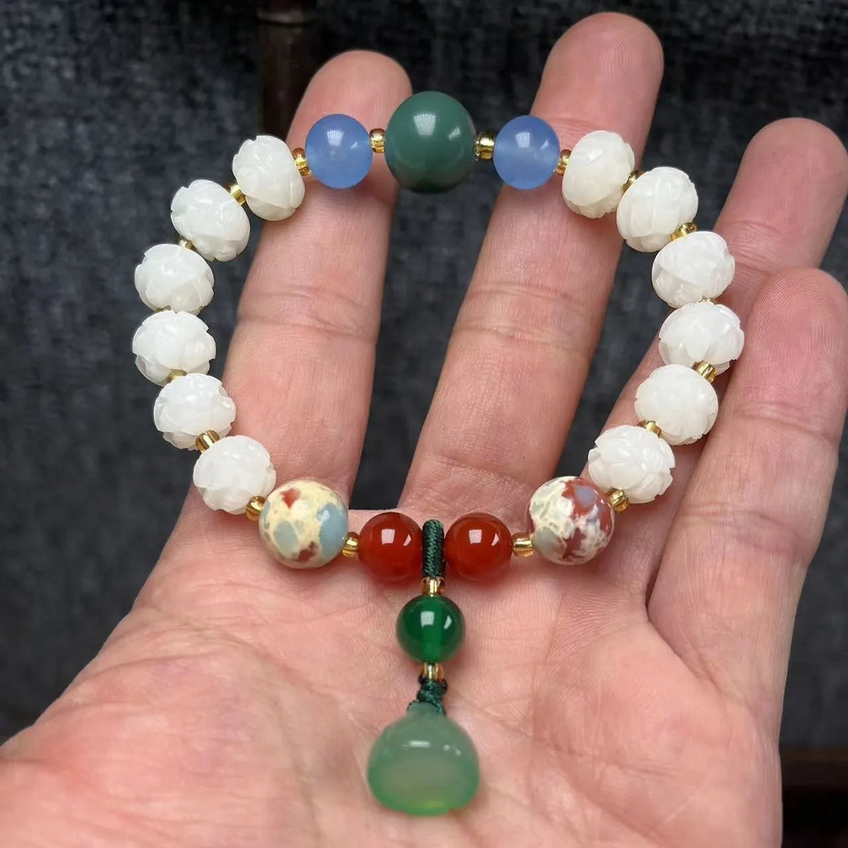 Hand-carved pumpkin lotus beads bracelet in white jade and bodhi root with multiple bead sizes