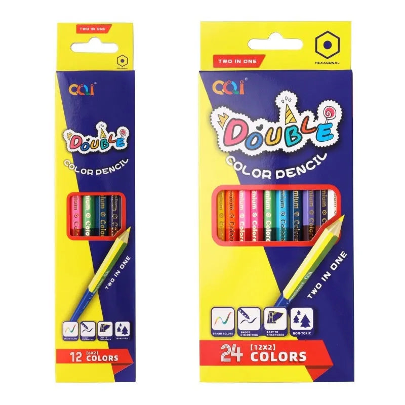 Set of wooden double-tipped colouring pencils in a case, showing the two colour leads on each pencil.