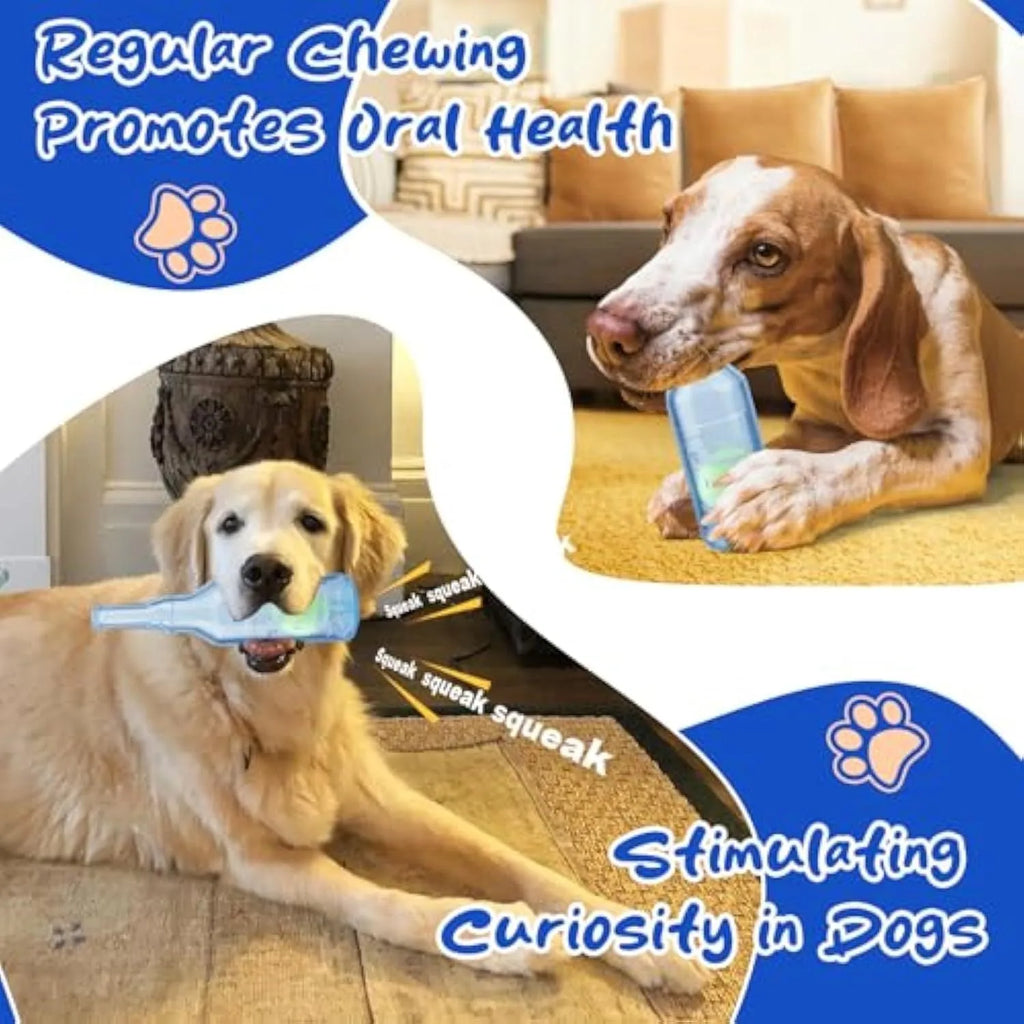 Blue natural rubber squeaky dog toy shaped like a water bottle for chewing and interactive play.