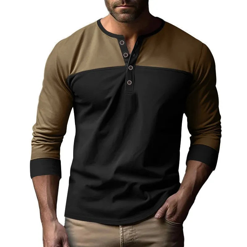 Men's long-sleeve henley collar casual shirt in polyester beaded twill fabric