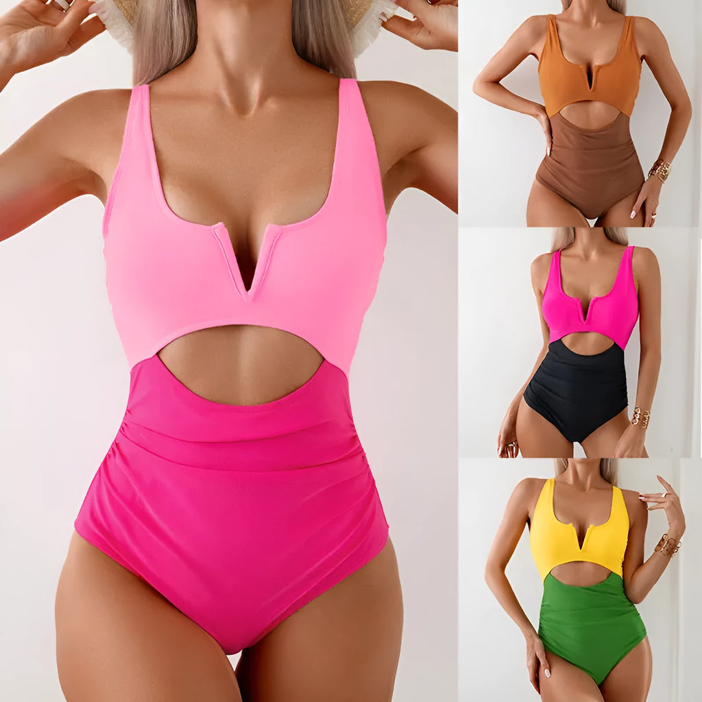 Women's one-piece swimsuit with colour-block design in nylon fabric.