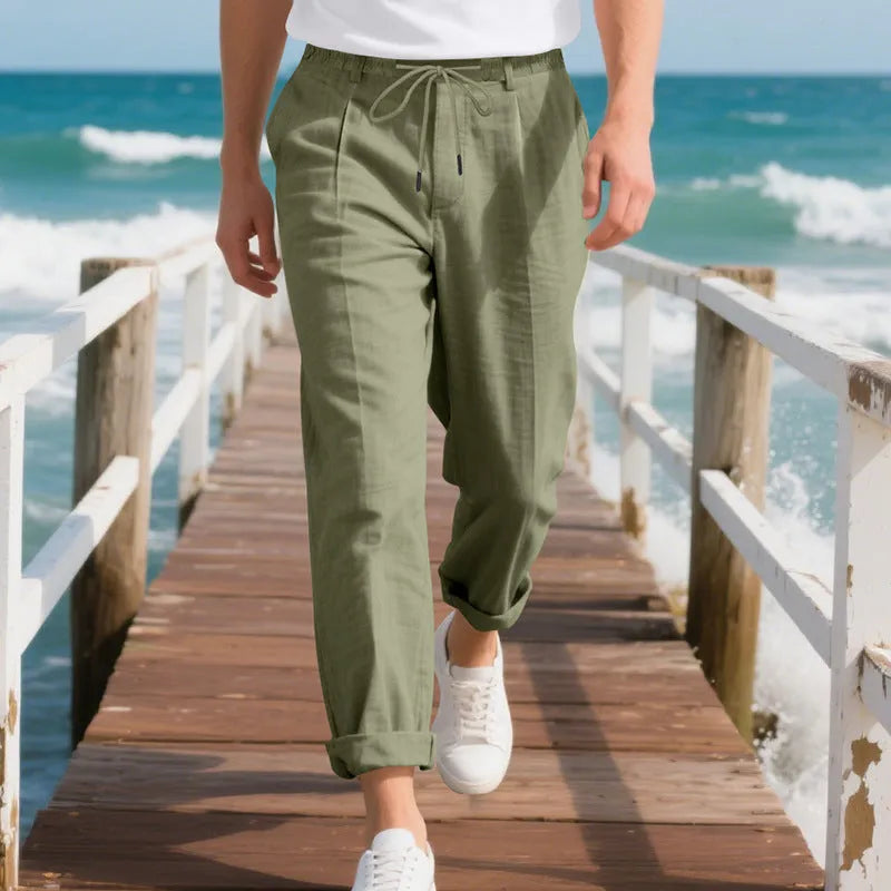 Men's linen casual pants in straight-leg style with drawstring waist in various colours