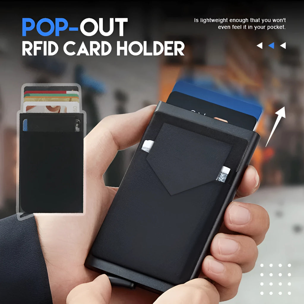 Frosted metal credit card holder in aluminium alloy showing eight colour options