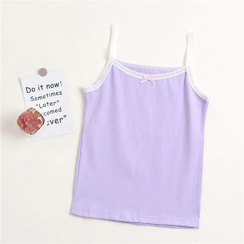Girls' pure cotton lace vest with bow detail, available in multiple colours and sizes for heights 100-150 cm