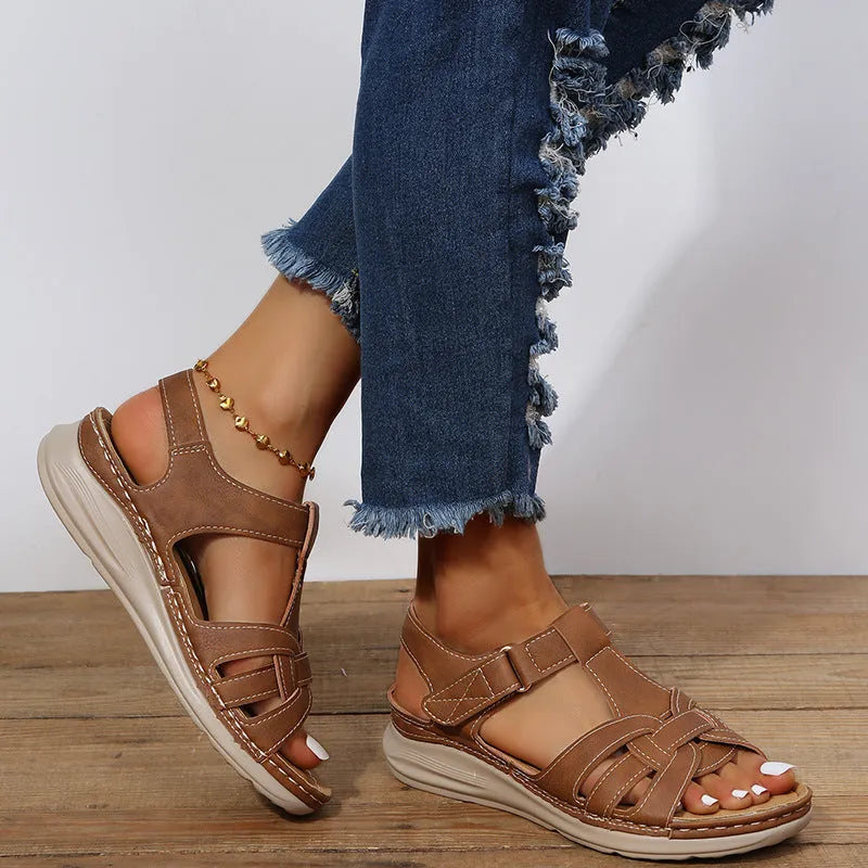 Women's Roman platform sandals with Velcro ankle strap, PU upper, rubber sole, round toe, black or brown