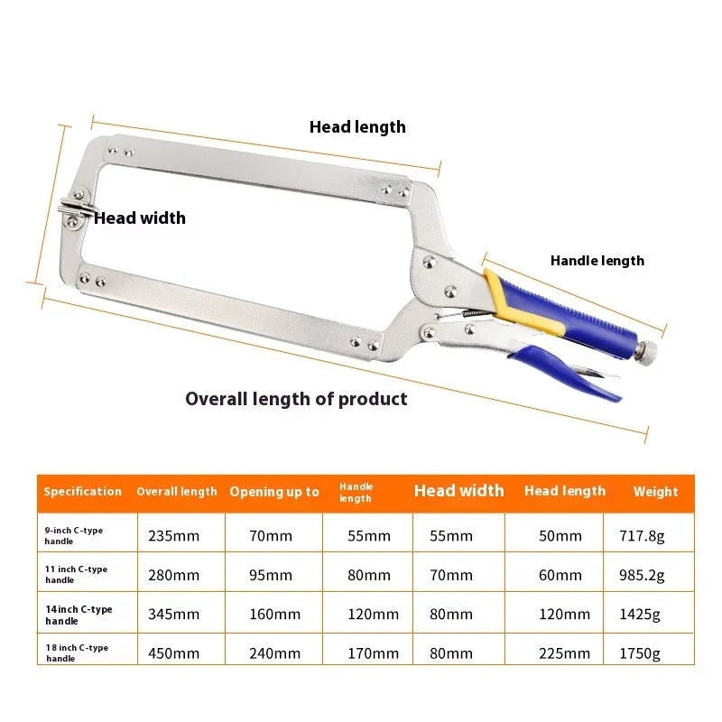 C-type alloy steel vise grip clamp with large opening and screw mechanism on a black background