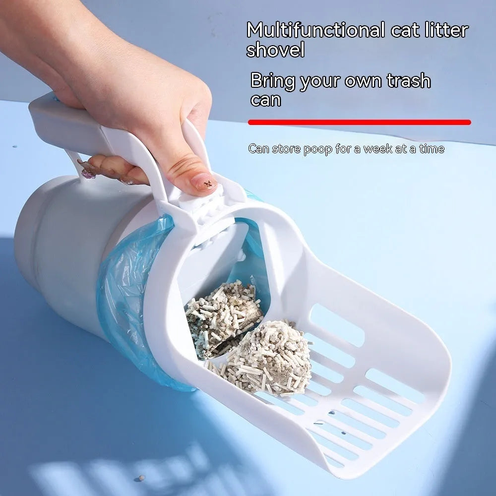 Grey, blue, and green cat litter scoop with attached foldable waste bin and refill bags.