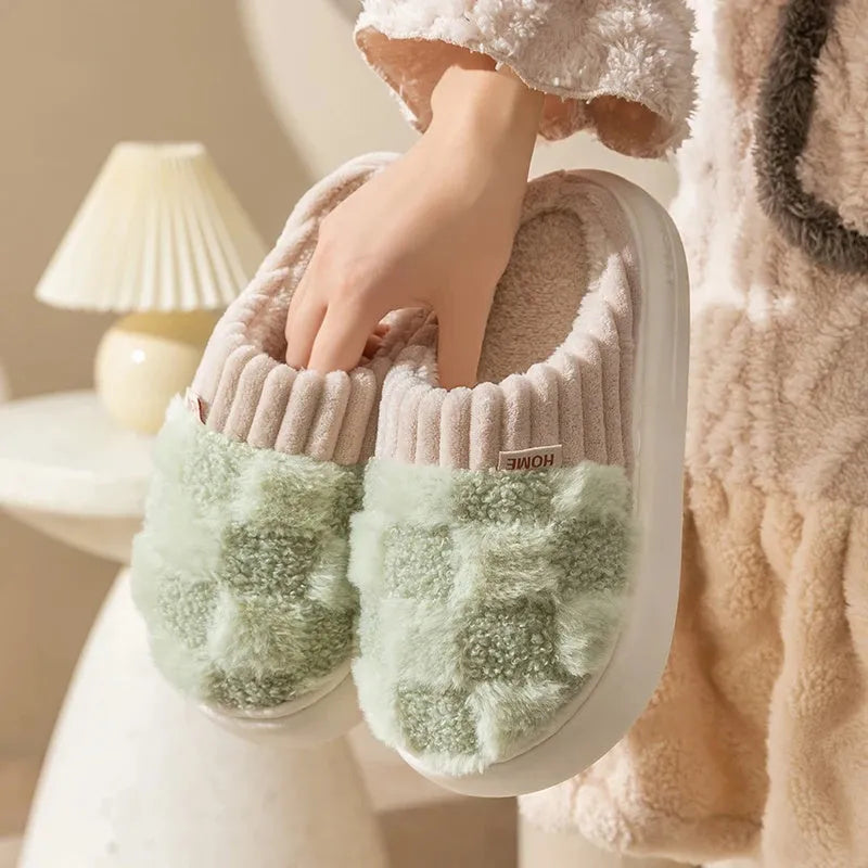 Women's plaid pattern plush indoor slippers with coral velvet upper and grey non-slip PVC sole