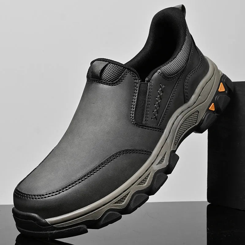 Men's dark brown casual leather-look shoes with round toe and flat rubber sole