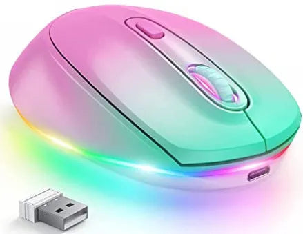 Lightweight 24g wireless rechargeable mouse in multiple colours next to its USB charging cable