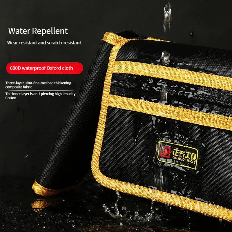 Yellow canvas electrician tool waist bag with belt attachment for portable tool storage and repair tasks