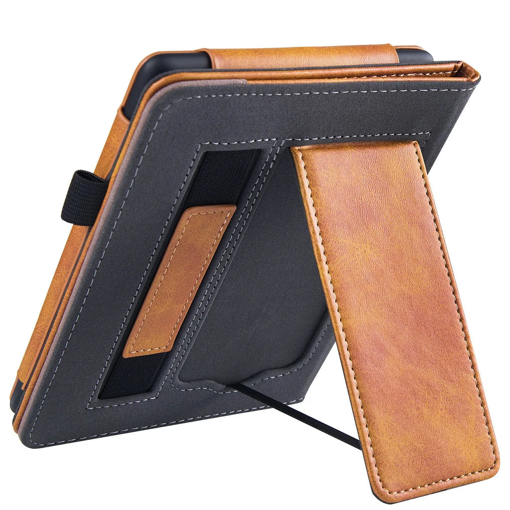 Kindle Paperwhite 11 leather protective case showing wrist strap bracket and sleep mode feature