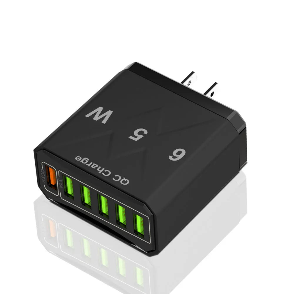 6-USB fast charger PC ABS plastic in black colour with UK plug