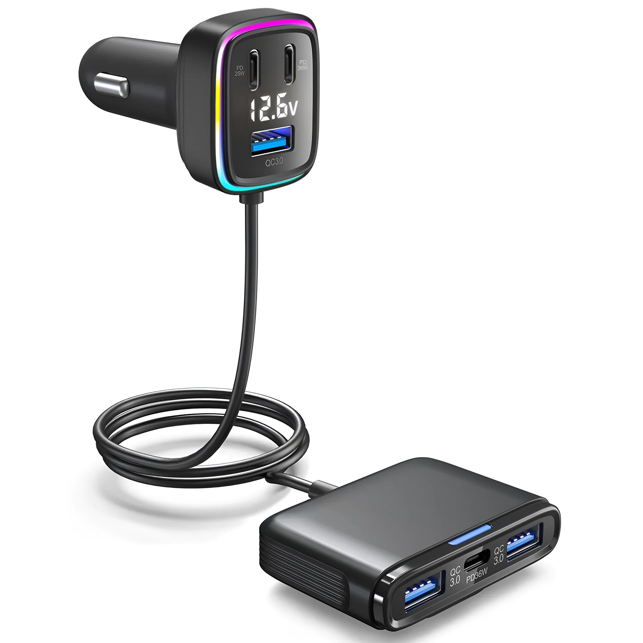 115W fast charge car charger Model GE01 in black ABS PC casing