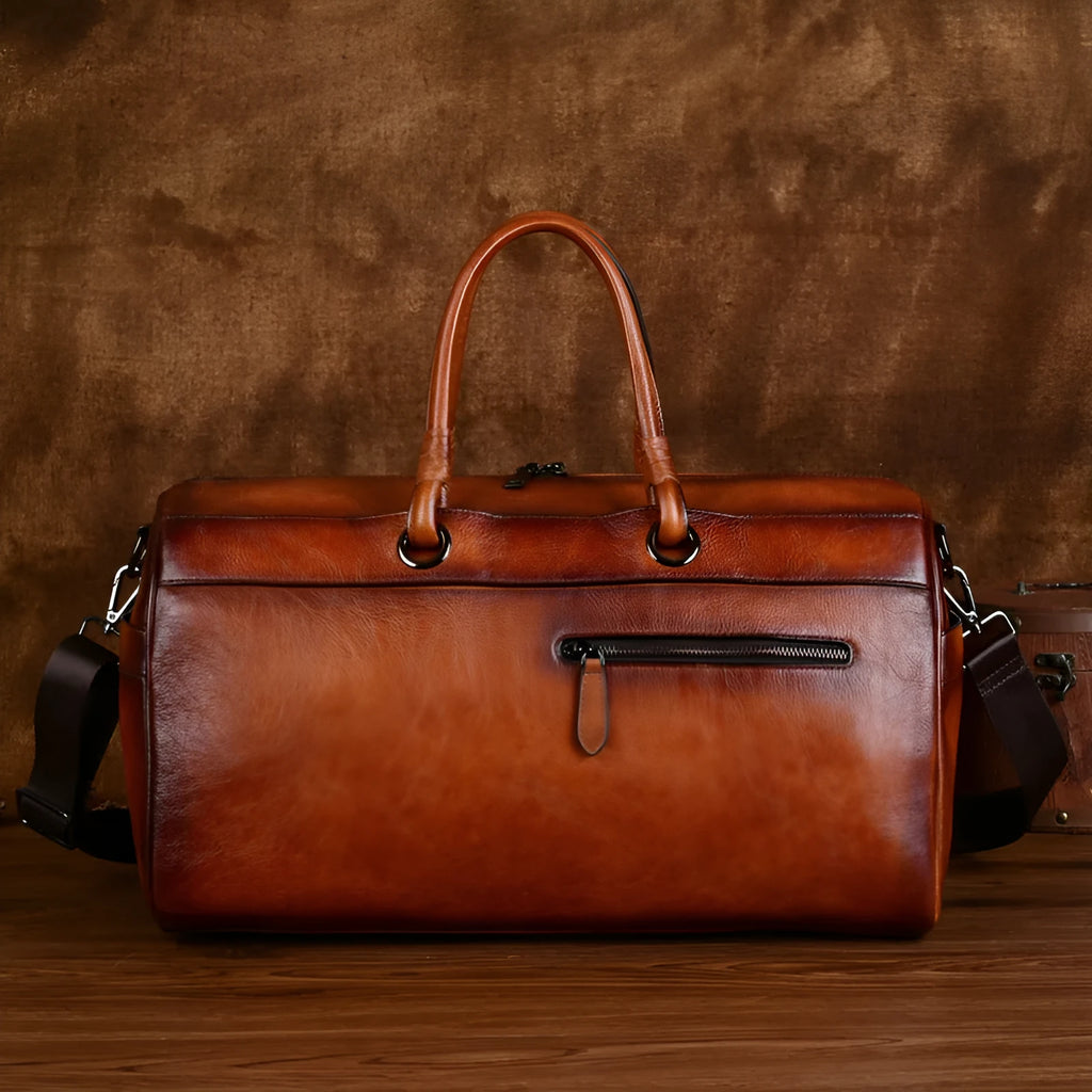 Handmade retro leather bag in vintage brown with below 20L capacity