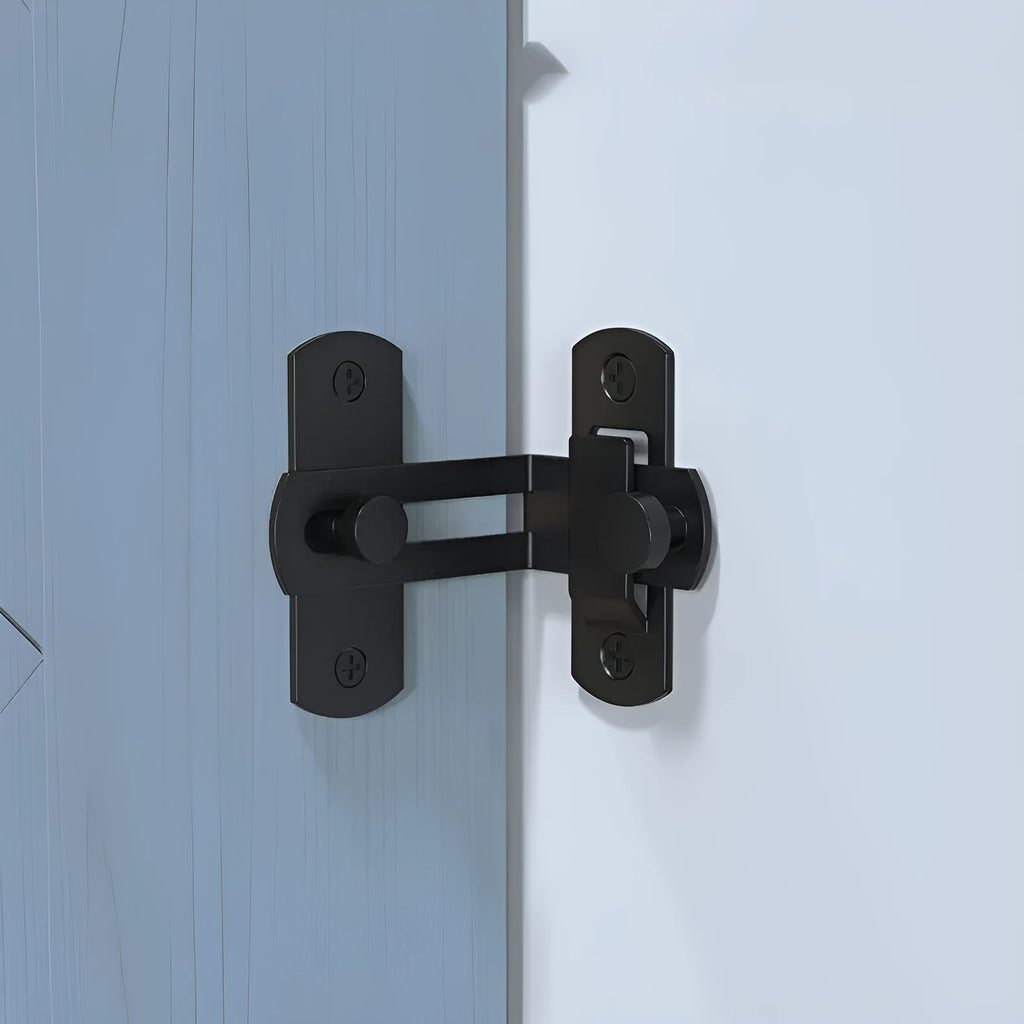 American style 90 degree barn door lock with flat shackle for sliding doors.