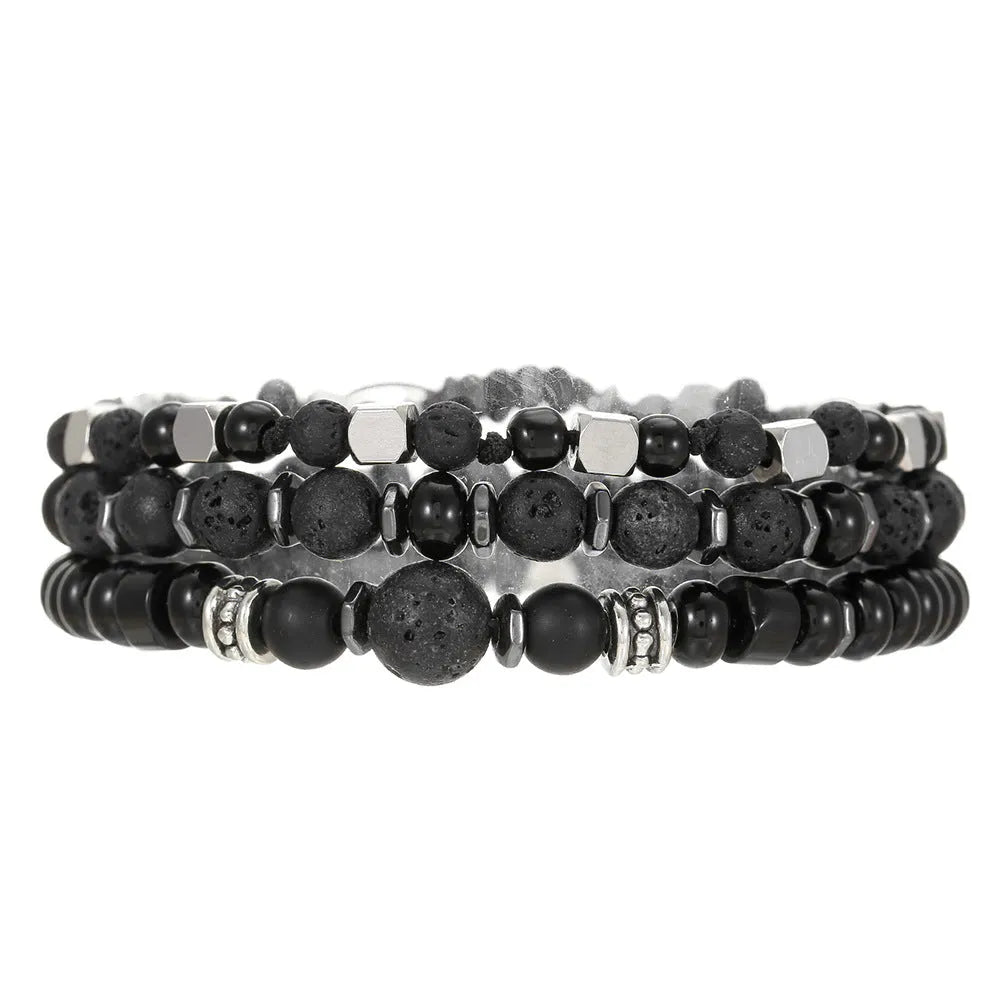Hand-woven volcanic stone bracelet set of 3 with 18mm geometric beads in frosted finish, colours ZJ13132 and ZJ14266