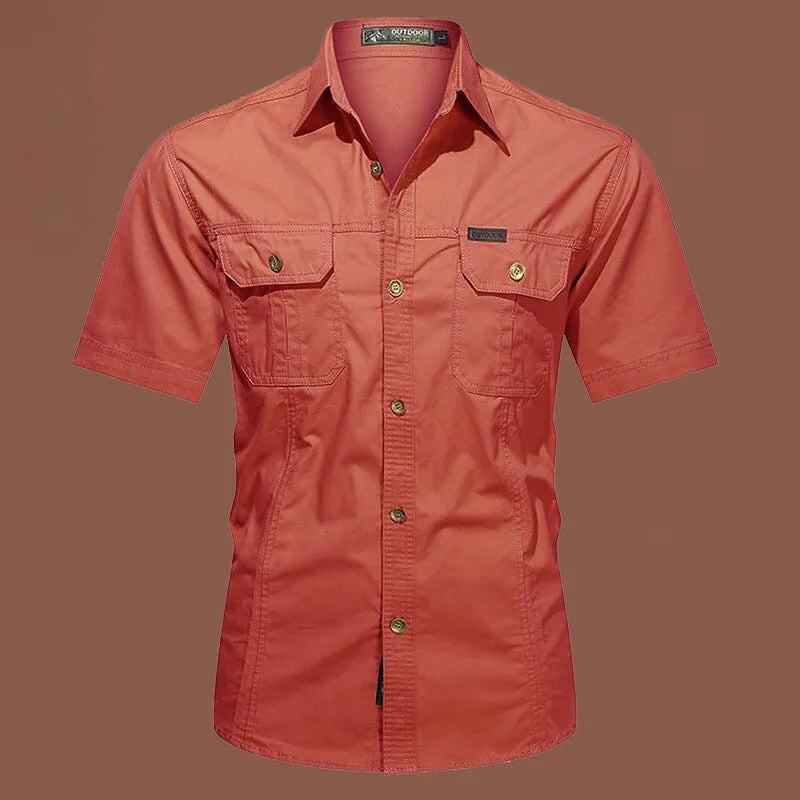 Men's cotton short sleeve work shirt in loose cardigan style, non-ironing treatment, multiple colour options