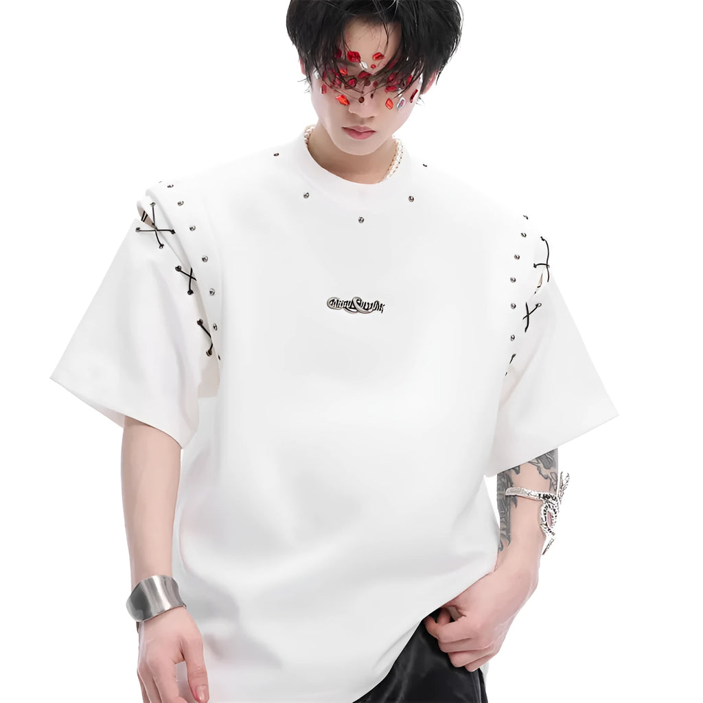 Women's black short sleeve t-shirt with lace-up detail and cutout design on front.