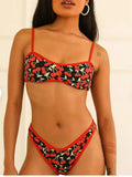 Women's cherry print bikini set with tube top and briefs in polyester fabric