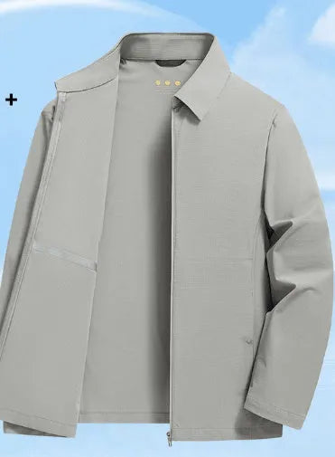 Men's summer lapel business shirt in nylon spandex blend fabric available in navy blue, grey green, and creamy white