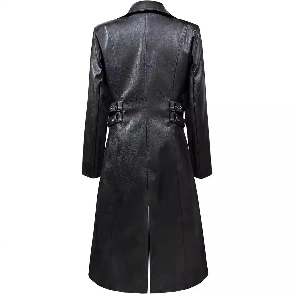Mid-length black PU leather trench coat with retro medieval style, 65cm body length