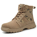Khaki high-top suede combat boots with steel toe caps and front lace-up closure