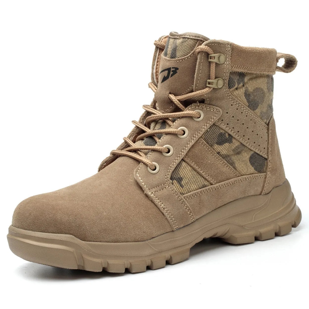Khaki high-top suede combat boots with steel toe caps and front lace-up closure