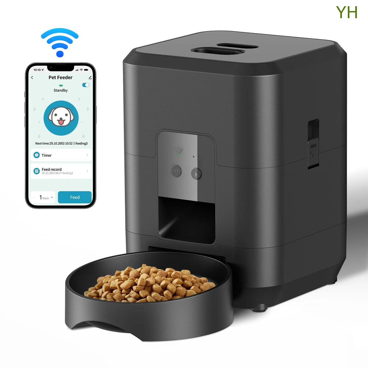 Automatic cat feeder with timer display and food container in white or black colour options