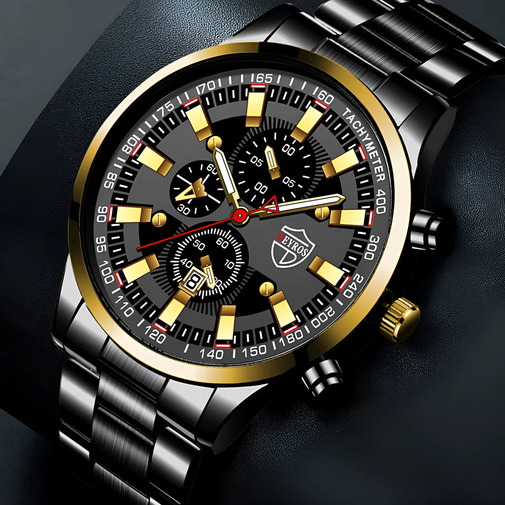 Men's stainless steel quartz wristwatch with luminous dial, calendar, and 24-hour subdial, 42mm, black dial