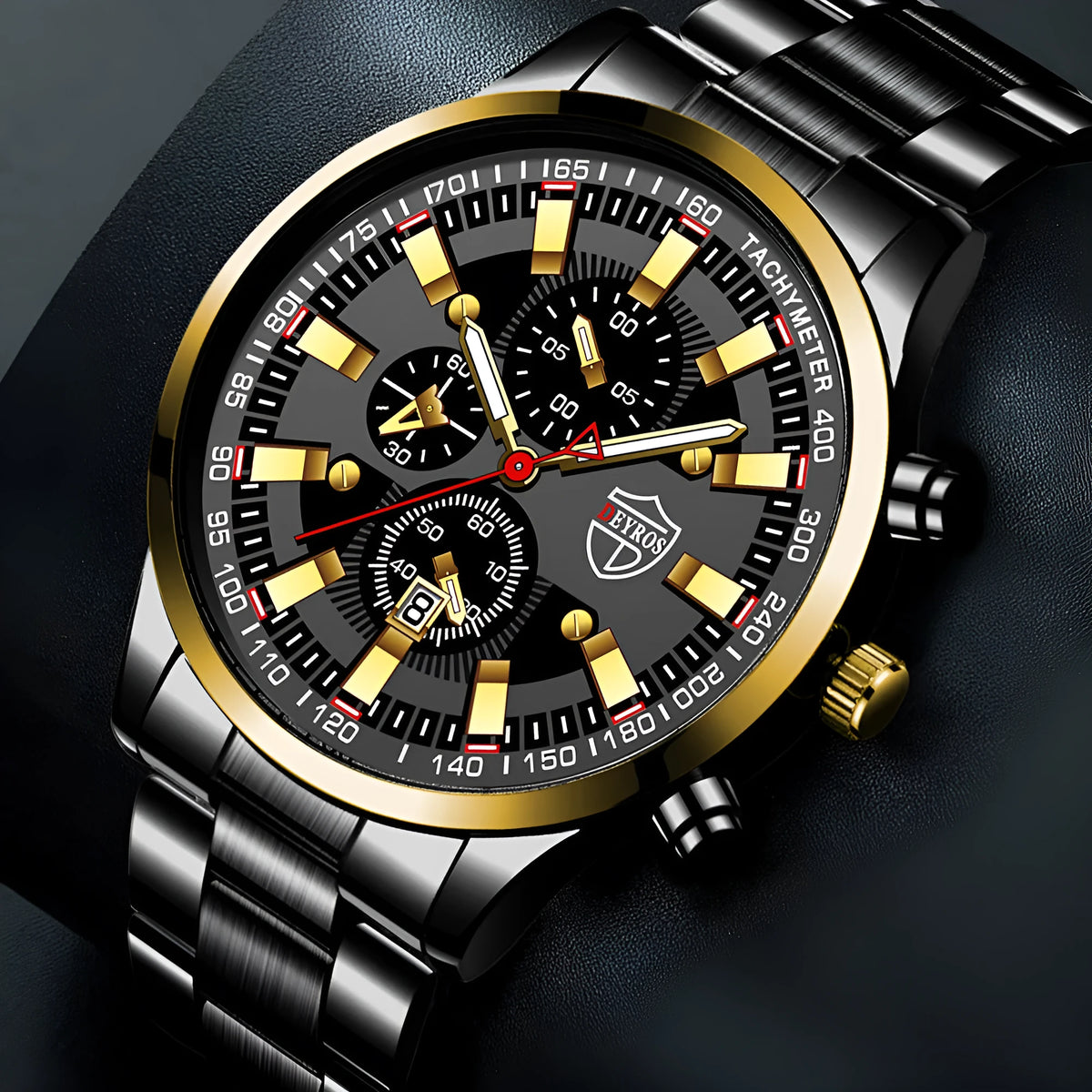 Men's stainless steel quartz wristwatch with luminous dial, calendar, and 24-hour subdial, 42mm, black dial