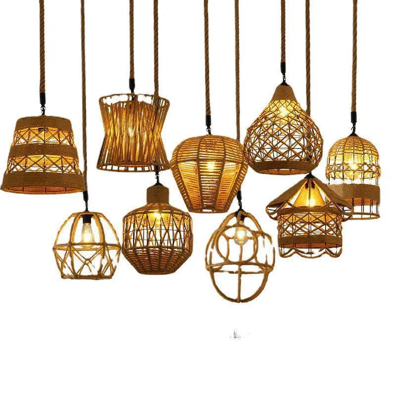 Hemp rope retro industrial chandelier ceiling light with natural rope texture over metal frame