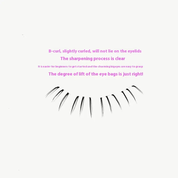 Close-up of Kitten's Paw lower false eyelashes with segmented sheer root and graduated 4-5-6mm lengths on 12 rows.
