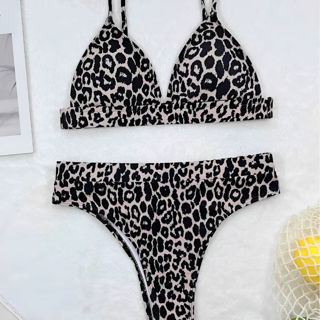 Leopard print women's bikini swimsuit with backless briefs style, polyester fabric and spandex lining, sizes S M L