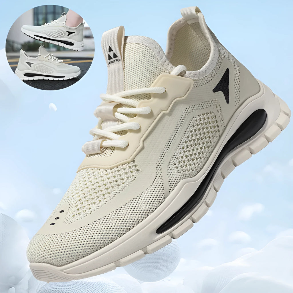 Men's fly knit mesh sneakers with front lace-up, flat rubber sole, round toe, and sequin detail, in beige