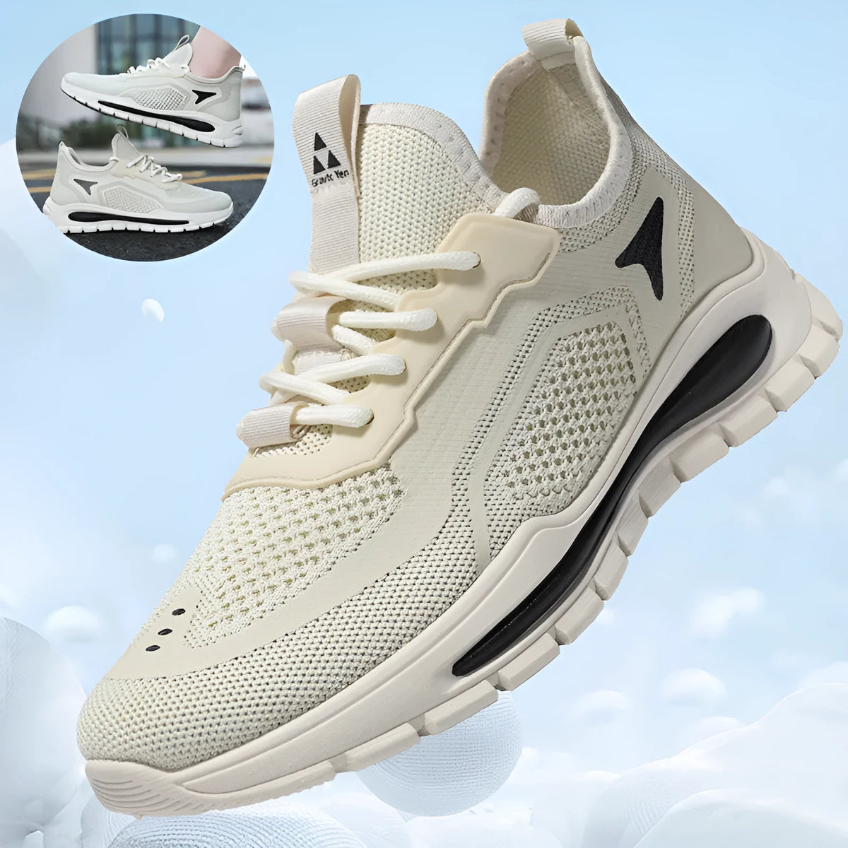 Men's fly knit mesh sneakers with front lace-up, flat rubber sole, round toe, and sequin detail, in beige
