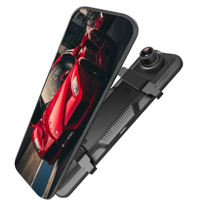 HD 1080p dual lens rearview mirror recorder with 9.66 inch touch screen for front and back video