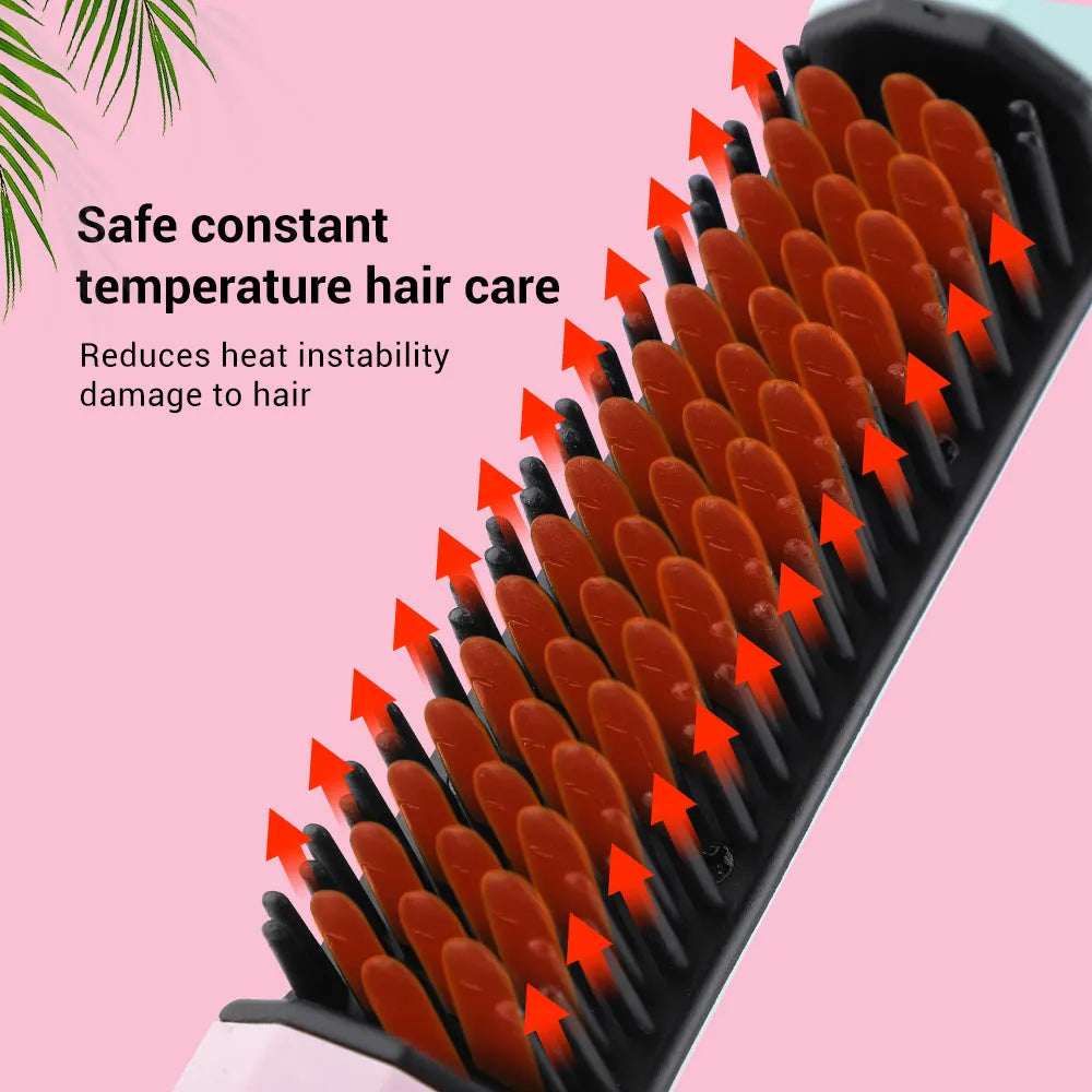 Cordless straightening comb in pink or purple, rechargeable hair brush with anti-scald comb and USB cable, 23cm long