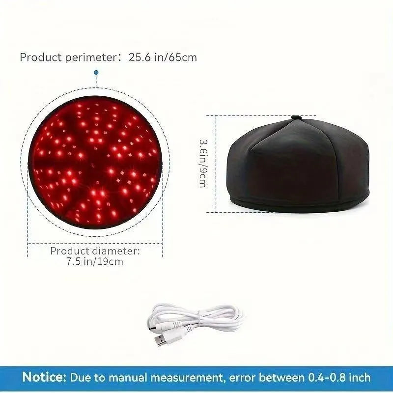 Red light hair growth cap with 120 LEDs in black colour on head model for scalp care