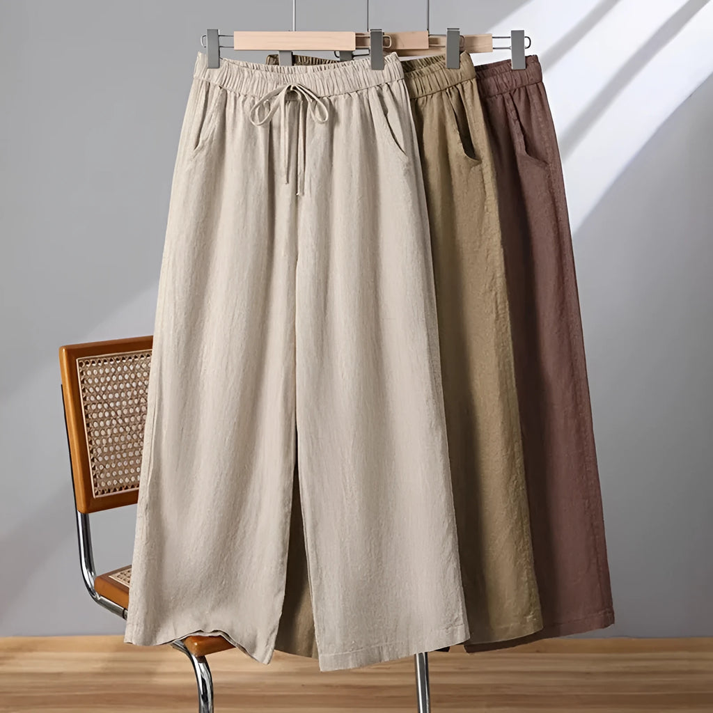 Women's apricot straight-leg casual pants with elastic waist and lace-up drawstring