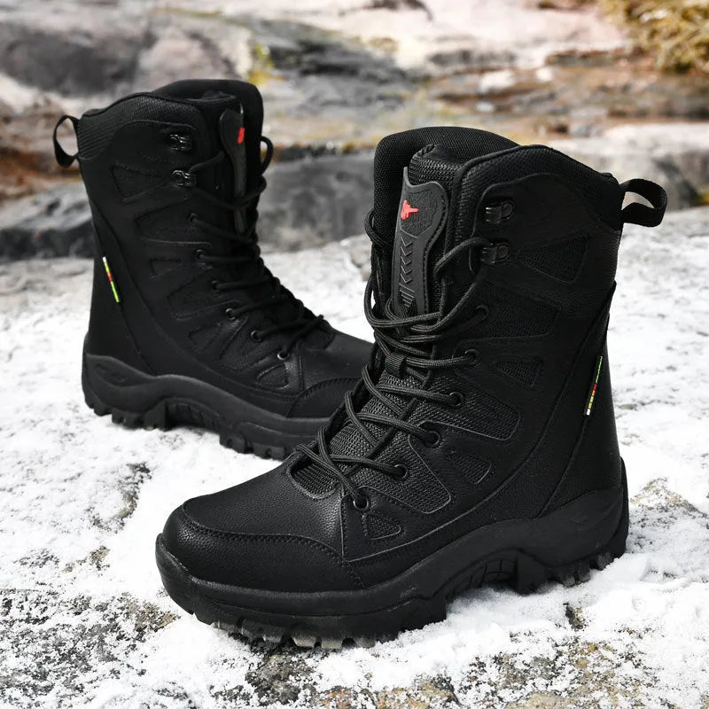 Men's cowhide hi-top hiking platform shoes in black colour for outdoor activities