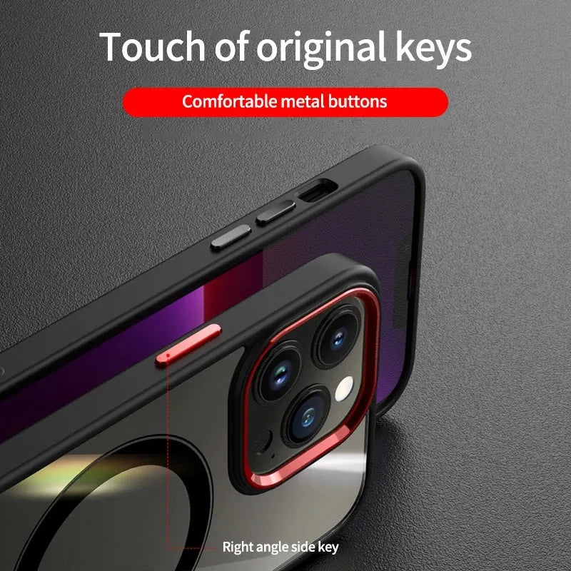 Magnetic iPhone case with acrylic cover and metal lens frame, black edge and red frame, for iPhone 11 to 15 Pro Max