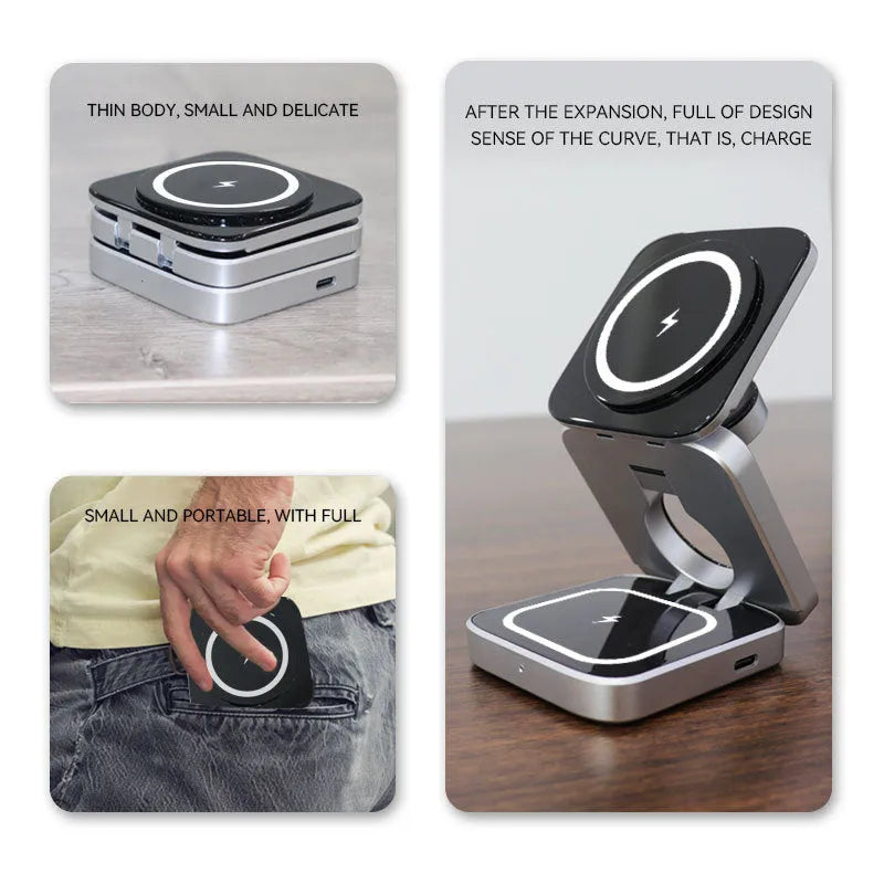 Three-in-one desktop wireless charging bracket unfolded on desk with iPhone, Samsung phone, and Google Pixel Watch positioned for charging