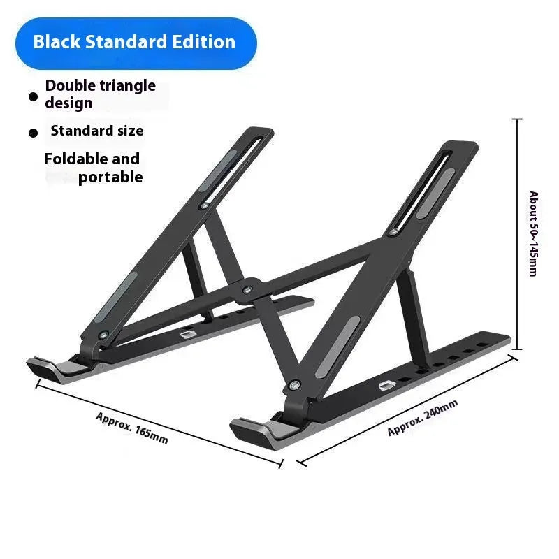 Silver aluminium alloy folding laptop stand holding a notebook, shown next to its cloth storage bag.
